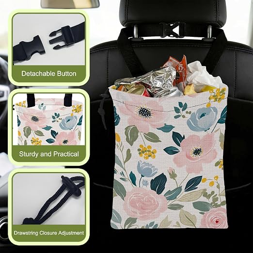 Car Garbage Bag Pink and Blue Rose Flowers Leak-Proof Waterproof Car Trash Bag with Drawstring Foldable Canvas Trash Bin with Adjustable Buckle for Car Accessories