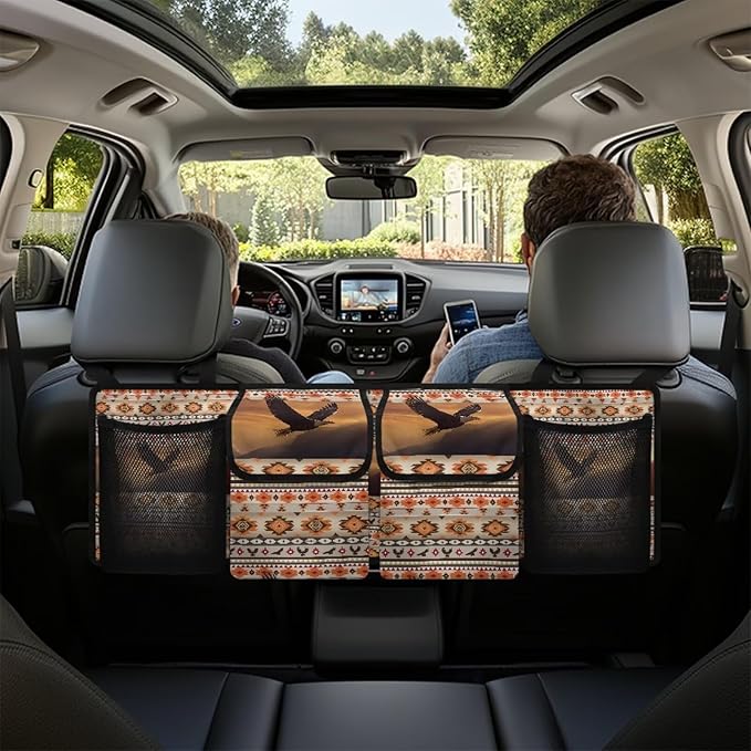 Aztec Tribe Back Seat Trunk Organizer,Eagle Space Saving Car Trunk Storage Organizer with Lid Keep your Trunk Clean and Tidy 4 Large Pockets for Kids,Travel Essentials