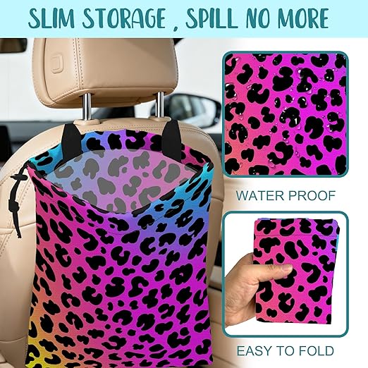 Car Garbage Bag Rainbow Cheetah Leopard Print Drawstring Car Trash Bag Hanging for Back Seat with Adjustable Buckle Canvas Vehicle Trash Can Easy-to-Install