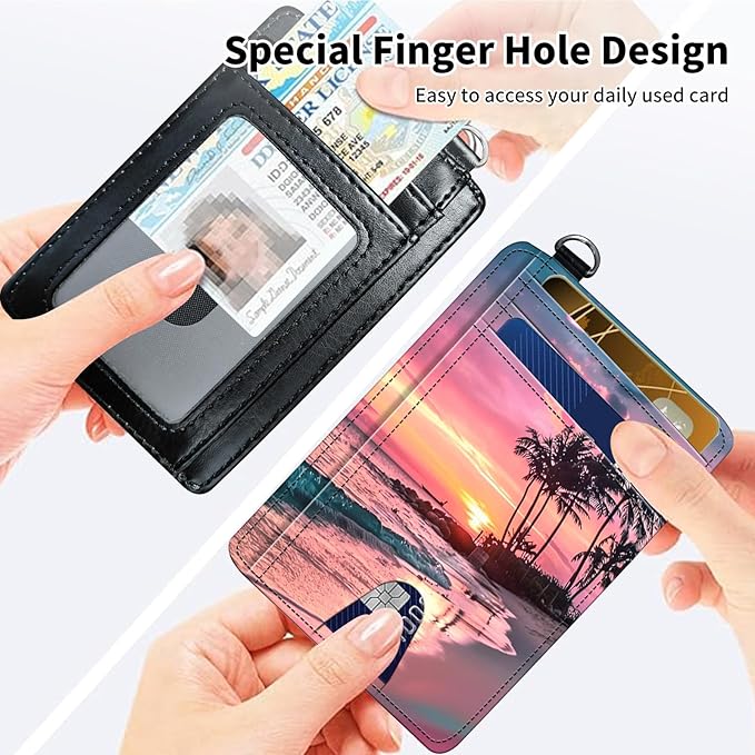 Slim Minimalist Front Pocket Wallet,Credit Card Holder Wallet for Women Men,RFID Blocking Credit Card Holder Case Leather Cute Small Thin Wallet ID Window&Wrist Strap,Pink Sunset Beach