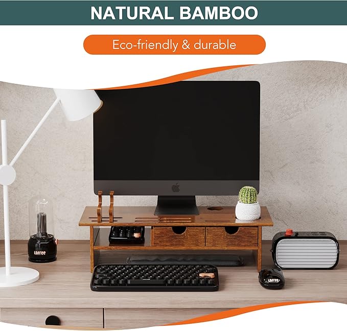 Sundale Outdoor WAYTRIM Bamboo Wood Monitor Stand Ergonomic Computer Riser with Storage Organizer Drawers Desktop Laptop Shelf Risers Cellphone Stand for Home and Office Use, Classic Antique Brown