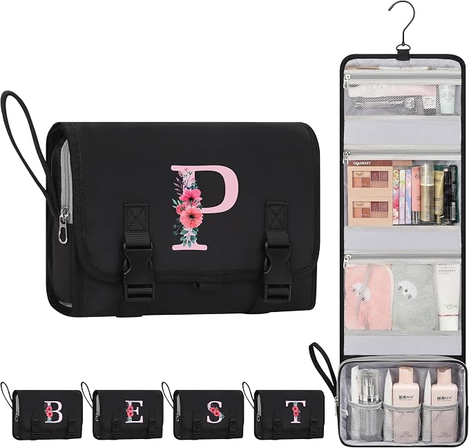 Relavel Birthday Gifts for Women, Hanging Travel Toiletry Bags for Teens - Initial Hanging Toiletry Bag Toiletries Pouch Makeup Bag, Foldable Cosmetic Organizer for Travel Camping Essentials - Black P