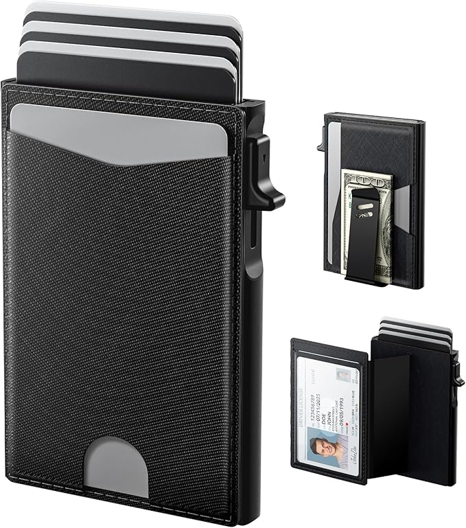 typecase Flip Pop Up Wallet for Men Card Holder: Smart Privacy & lD Display Mode, RFID Blocking, Slim Genuine Leather, Minimalist Front Pocket - 8 Cards Capacity | ID Window | Money Clip (Black)