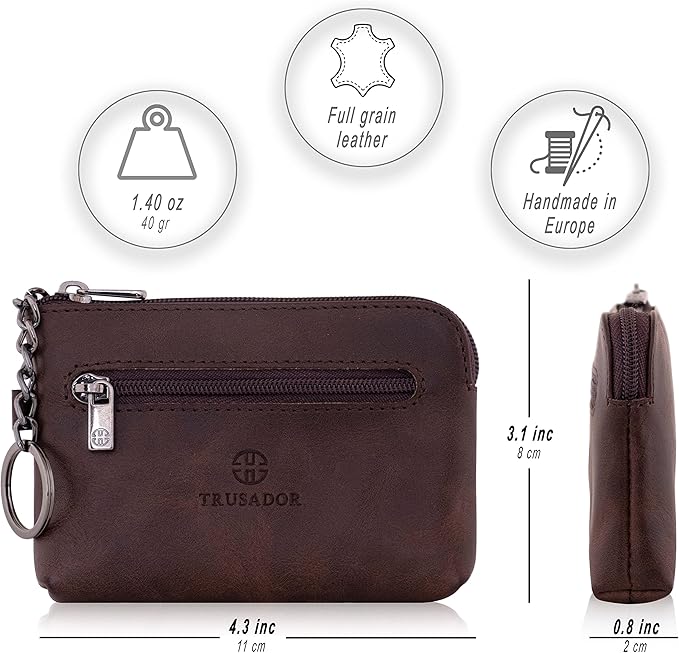 Trusador Milano Unisex Leather Front Pocket Wallet Coin Purse Zipper Pouch with Keychain (Brown)