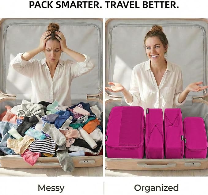 4 Piece Compression Packing Cubes for 3–7 Day Travel, Space Saving Travel Organizers with Breathable Mesh, Double-Zipper Packing Cubes for Carry-On & Suitcases (Red)