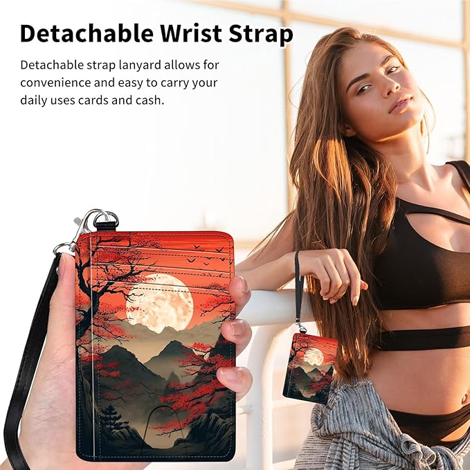 Slim Minimalist Front Pocket Wallet,Credit Card Holder Wallet for Women Men,RFID Blocking Credit Card Holder Case Leather Cute Small Thin Wallet ID Window&Wrist Strap,Red Sunset Tree