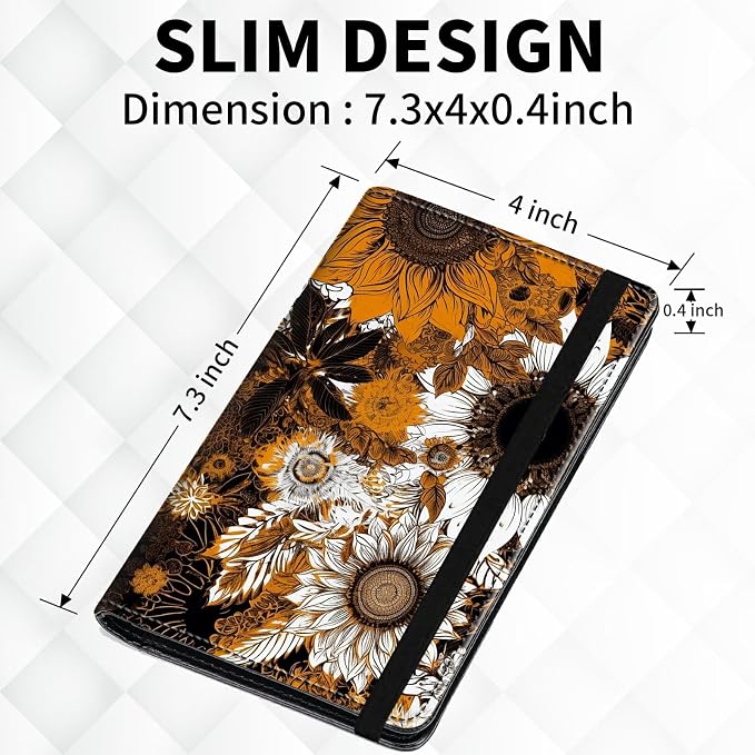 Checkbook Cover for Women & Men, RFID Blocking Personal PU Leather Checkbook Check Book Holder Wallet with Elastic Tape & Credit Card Slot,Brown Sunflower