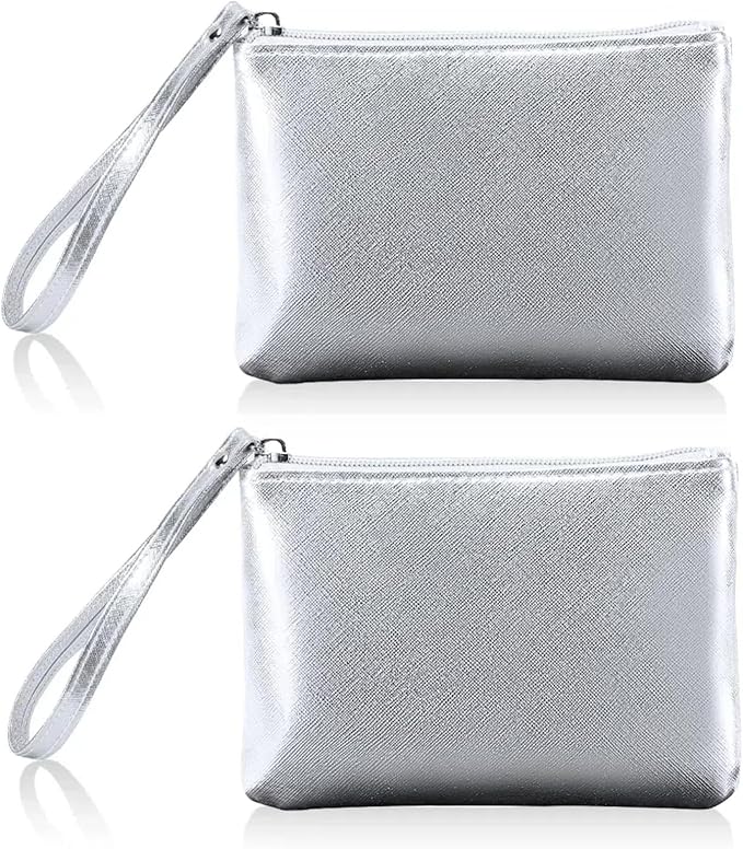 2 Pack Small Zipper Pouch Mini Makeup Bag for Purse Lipstick Cosmetic Travel Make Up Organizer for Women Essentials, Car Change Coin Holder 4.5 x 6.5 Clutch Stadium Approved Wristlet, Silver