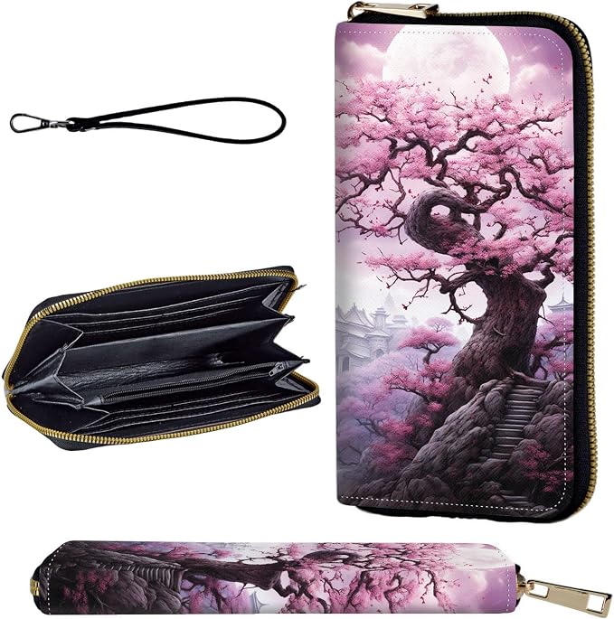 Wallet,Leather Long Wallet Suitable For Ladies And Teenagers - Detachable Wristband + RFID Travel Wallet With Card Slot - Cherry Blossom Tree