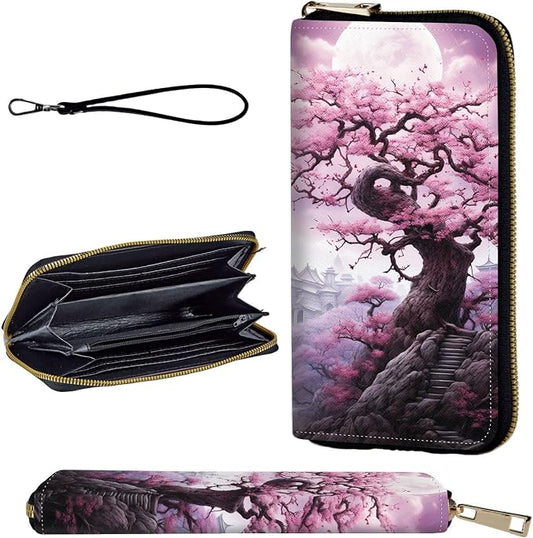 Wallet,Leather Long Wallet Suitable For Ladies And Teenagers - Detachable Wristband + RFID Travel Wallet With Card Slot - Cherry Blossom Tree