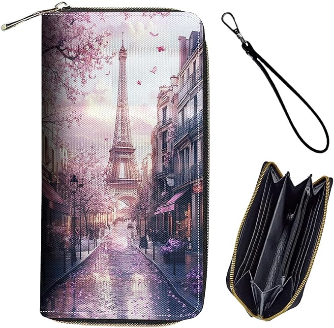 Bxgolkgd Womens Wallet, RFID Blocking Leather Wallet,Large Capacity Wallet Credit Card Holder PU Leather Ladies Clutch with Zipper Coin Pocket - Paris Eiffel Tower Sakura