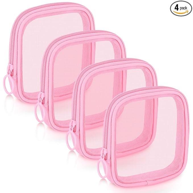 Weewooday 4 Pcs Mesh Makeup Bag Mesh Cosmetic Bag Travel Toiletry Pouch with Zipper Mini Makeup Cosmetic Purse for Daily Accessory(Small,Pink)