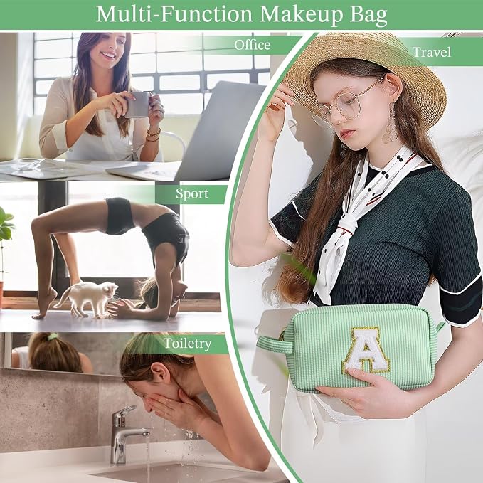 YOOLIFE Initial Cosmetic Bag for Women - Monogram Cute Makeup Bag Cosmetic Case Toiletry Pouch for Women Her Best Friend Sister Teacher, Personalized Birthday Gifts for Women, Light Green I