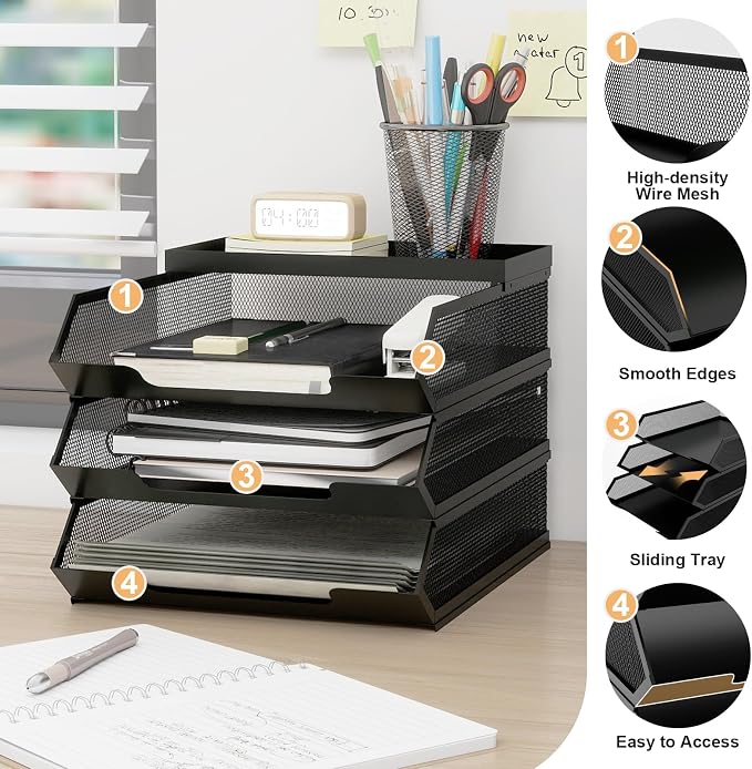 Natwind 3-Tier Stackable Metal Mesh Paper Organizer with Sliding Tray,Black | Desk Organizer for Office Supplies, Letter Tray For Desktop,File Holder For Home School Classroom Organization