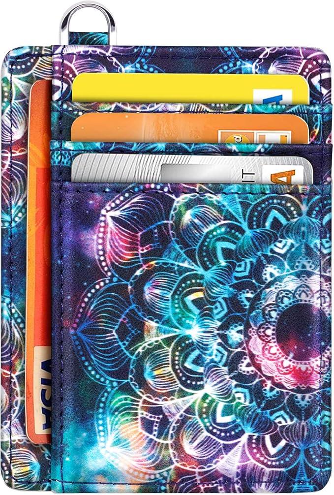 Coco Rossi Slim Front Pocket Wallet RFID Blocking Minimalist Credit Card Holder Wallet with D-Shackle for Women,Mandala
