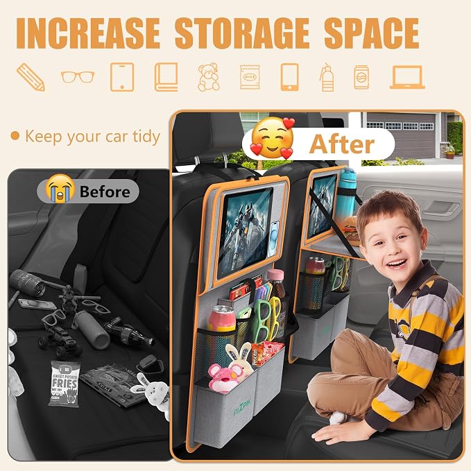Plzpik Car Backseat Organizer with Tablet Holder,11 Storage Pockets with Foldable Food Tray, Protector Kick Mats for Kids, Travel Accessories Organizer (Orange, 2Pack)