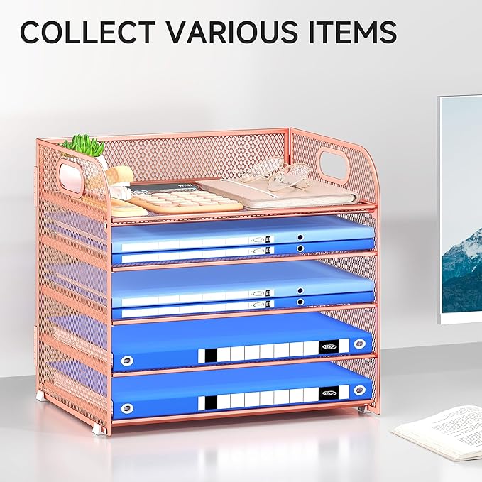 Paper Organizer Letter Tray with Handle Mesh 5 Trays Desk File Organizer Paper Sorter Desk Organizer for Office, Home or School-Rose Gold
