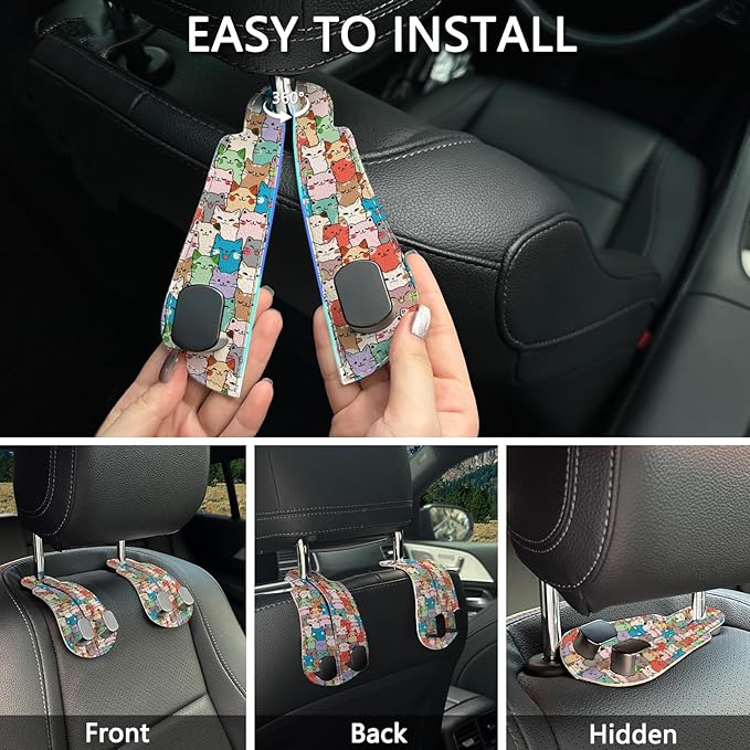 Blusabaca 2PCS Car Seat Back Storage Headrest Hooks, Cute Cats Purse Holder Bags Hanger, PU Leather Double Metal Hook for Backseat Organizer, Women Car Accessories Organization