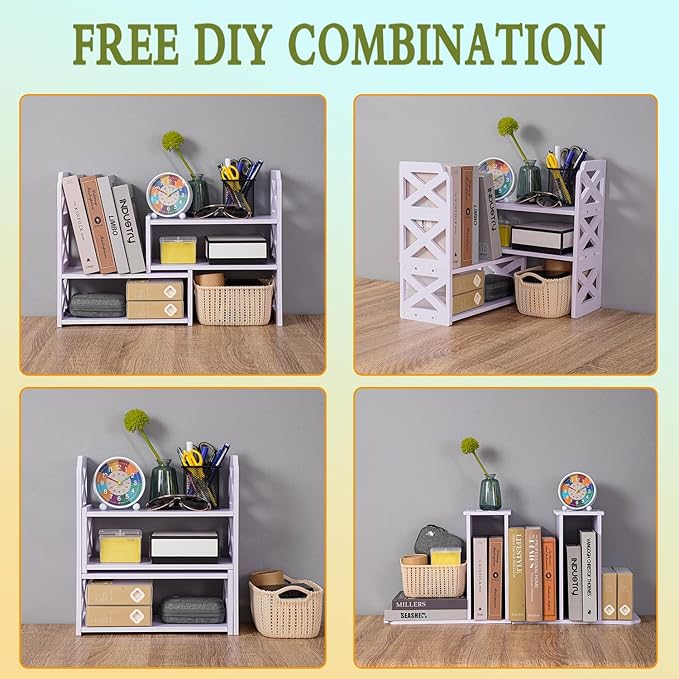 Felmis Desk Organizer Shelf, White Adjustable Small Bookshelf, Expandable Book Shelves for Classroom Office Dormitory Home