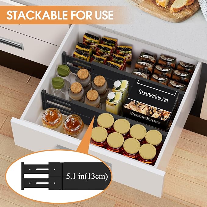 Bamboo Drawer Dividers,17-22" Adjustable Kitchen Drawer Organizer for Clothes,8 Pack Expandable Drawer Organization Separators for Bedroom,Bathroom,Dresser and Office,Black