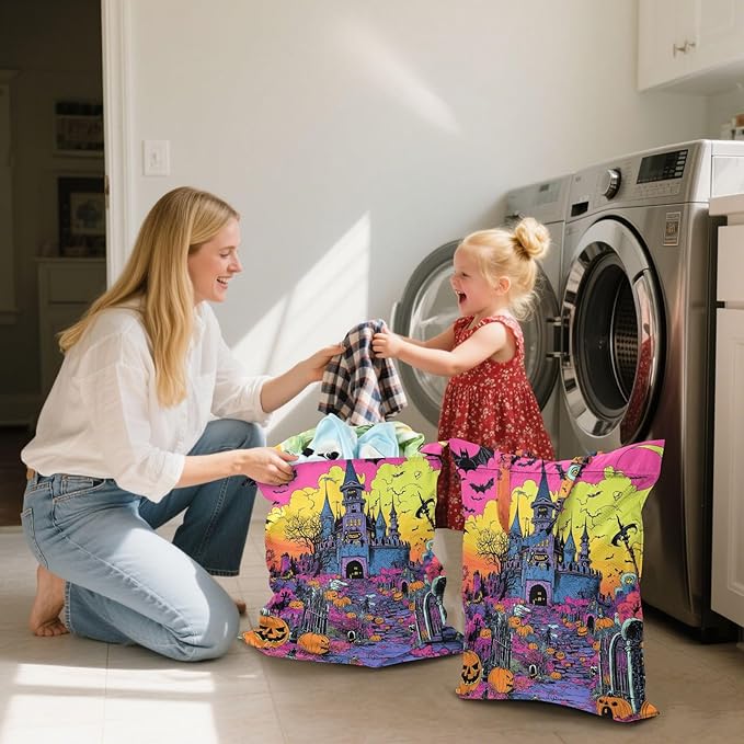 Travel Laundry Bags 2 PC Wet Dry Bag with Handle Dirty Clothes Organizer for Swimsuits Beach Camping Waterproof Washable Halloween Castle Bats Pumpkins Pink (1)