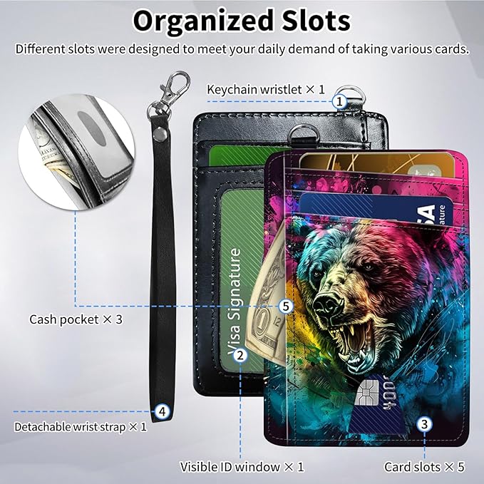 Slim Minimalist Front Pocket Wallet,Credit Card Holder Wallet for Women Men,RFID Blocking Credit Card Holder Case Leather Cute Small Thin Wallet ID Window&Wrist Strap,Colorful Bear