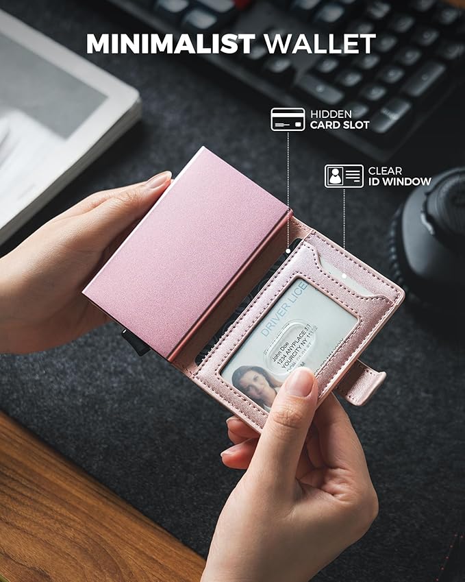 VULKIT Slim Bifold Pop up Wallet Minimalist Leather Card Holder RFID Blocking Metal Card Case with ID Window for Women | with Leather Slots, RFID Blocking, Slim, Metal Card Case