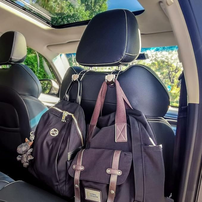 Heavy Duty Car Seat Headrest Hooks for Purse, Backpack Grocery Bags-2 PackMetal Auto Backseat Organizer with Non-Slip Rubber Covers – Multi-Purpose Hanging Hooks for Home, Office & Door