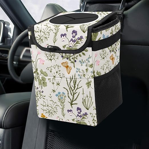 Car Trash Can with Lid Vintage Botanical Wildflowers Collapsible Reusable Leak-Proof Auto Garage Bag,Hanging Vehicle Car Accessories Interior Car Organizer