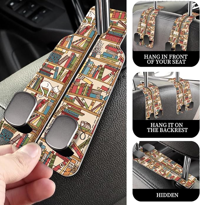 PU Leather Car Seat Hook, Storage Headrest Hanger, Cute Car Backseat Organizer, Car Hooks For Purses and Bags Vintage Bookshelf Pattern