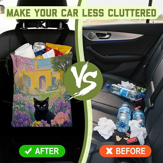 Floral Black Cat Car Trash Bag Vintage Spring Garden Hanging Canvas Car Trash Bag Waterproof Drawstring Car Back Seat Organizer for Car Back Front Seat Console with Adjustable Buckle