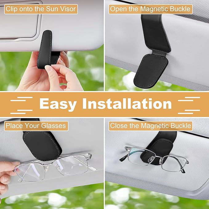 2 Packs Sunglass Holder for Car, Magnetic Leather Car Sunglass Holder, Visor Sunglasses Holder Clip, Sunglasses Clip for Car Visor, Sunglass Holder for Different Size Eyeglasses (Black)