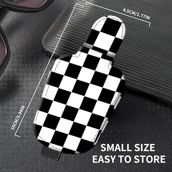 Leather Magnetic Sunglass Holder for Car Sun Visor, Cute Eyeglass Ticket Card Hanger Clip, Universal Auto Interior Accessories for SUV Pickup Truck Black White Checker