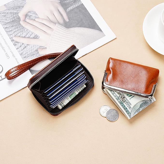 2 in 1 Credit Wallet, Purse Wallets for Women, Ladies Coin Pouch With Card Slot, Women's Vintage Change Holder with Kiss Lock and Zipper Lanyard (PU Brown, Small)