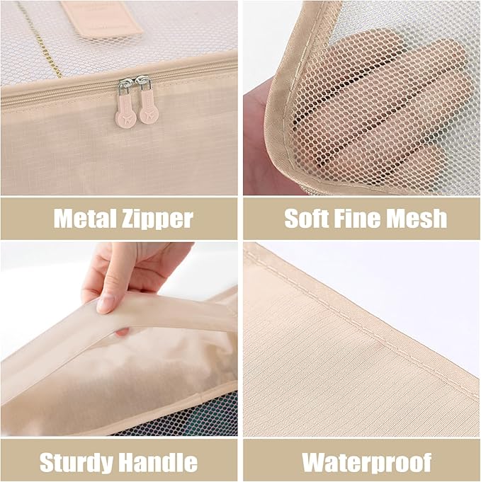 6 Set Packing Cubes for Travel Luggage Packing Bags Reusable Waterproof Suitcase Organizer Bags Set with Shoe Bag and Toiletry Bag (Beige‌)