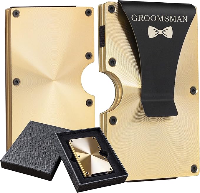 awofer Personalized Groomsmen Gifts Wallets Set Custom Gift for Groomsman Gold Aluminum Metal Wallet with Money Clip Engraved Wallet to Groomsmen Elegant Gifts Card Holder