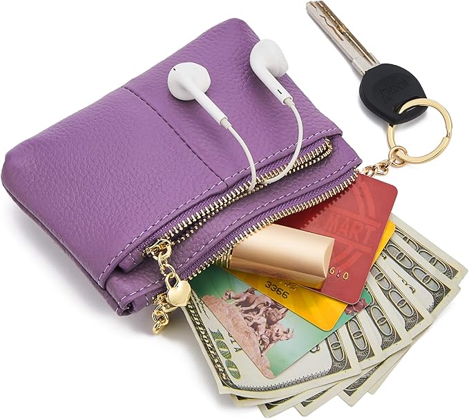 ZOOEASS Women Genuine Leather Zip Mini Coin Purse With Key Ring Triple Zipper Card Holder Wallet
