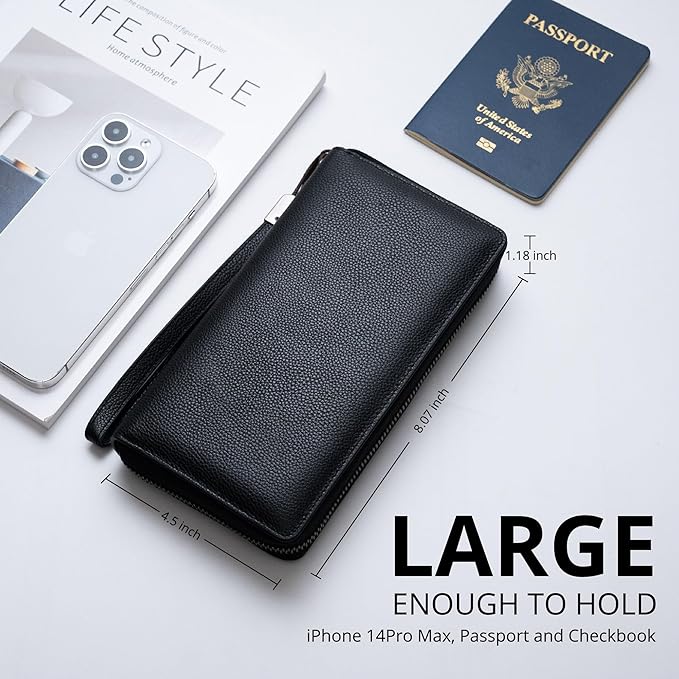 Bveyzi Women RFID Blocking Wallet Leather Zip Around Phone Clutch Large Capacity Ladies Travel Purse Wristlet | RFID Blocking, Zip Around, Large Capacity