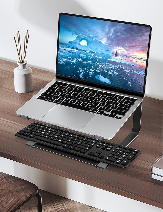 SOUNDANCE Laptop Stand for Desk, Ergonomic Metal Computer Riser for 12-17.3 Inch Laptops, Heavy Duty Stable Desktop Holder, Improves Eye Level & Workspace Organization, Black