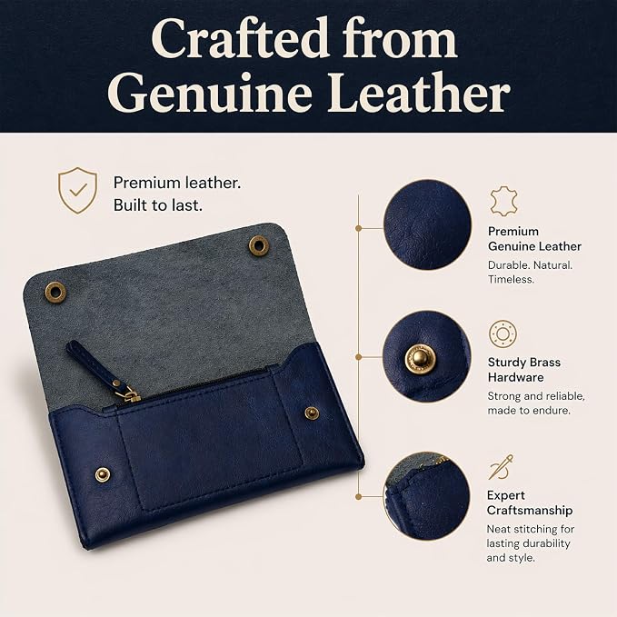 Leather Currency Pouch - Handmade Cash Organizer with Double Button Closure & Zipper Pocket, Compact Money Holder for Travel & Everyday Use, 4 x 8 Inch (Blue)