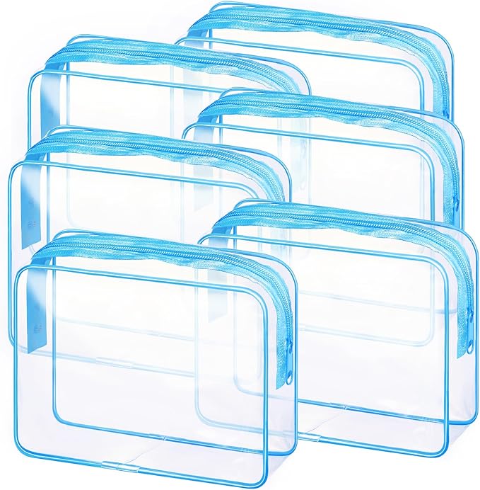 6 Pieces Clear Makeup Bags Bulk TSA Approved Toiletry Bag for Travel PVC Waterproof Clear Cosmetic Pouch with Zipper for Men and Women Carry-on Travel Essentials (Blue)