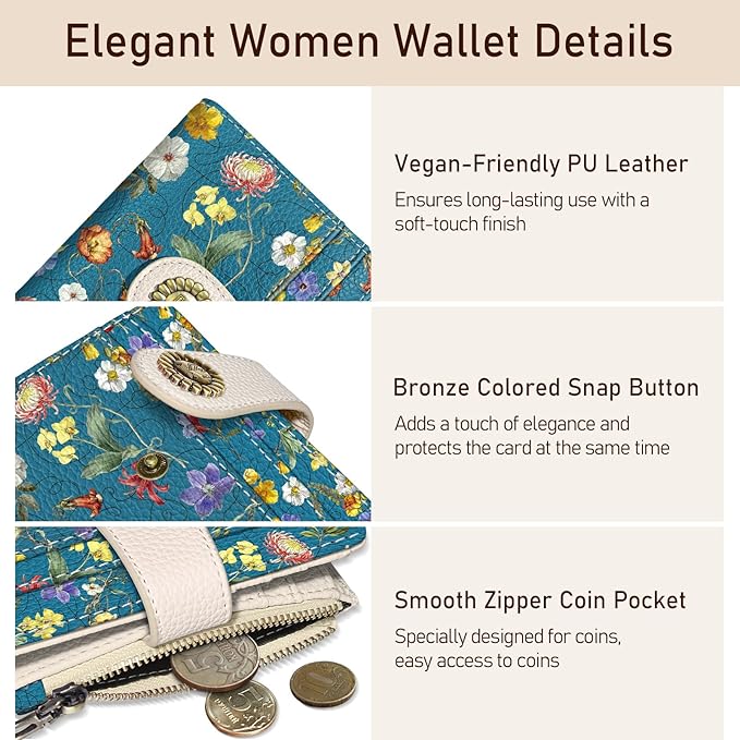 Kelvoris Blue Vibrant Floral Small Rfid Women Wallet Bifold Zipper Coin Pocket PU Leather Compact Cash Credit Card Holder Travel Wallet for Female Ladies Teen Girls 1 ID Window 10 Card Slots