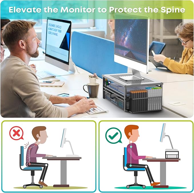 MINDEPOT 2 Tier Computer Monitor Stands with Drawer and 2 Pencil Holder, Metal Monitor Stand, Office Desk Accessories Workspace Desktop Organizers for Office Supplies, Black
