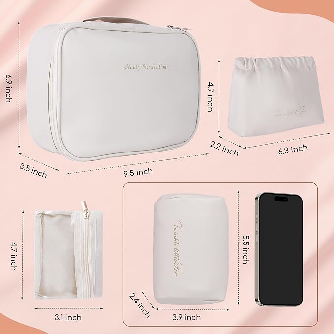 Travel Makeup Bags Set, 4 Pcs PU Leather Cosmetic Organizer Bag with Jewelry bag, Large Make Up Cosmetic Bag with Divider and Handle, Portable Travel waterproof Vanity Bag for Women Girl (Off-white)