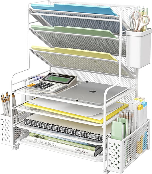 Simple Trending 7 Tier Desk File Organizer, Letter Tray Paper Organizer with Pen Holder and Metal Hanging Basket, White