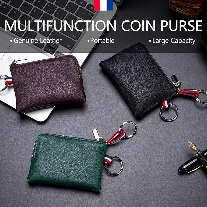 Leather Coin Purse, Change Purse for Men Women (Black, standard) | Mini Coin Pouch with Zipper & 2 Keyrings, Water-resistant Genuine Leather Wallet for Pocket, Daily,Gifts