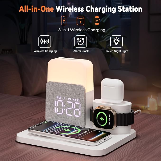 7 in 1 Wireless Charging Station, Magnetic 25W Fast Charger with Alarm Clock & Night Light, Bedside Charging Stand for iPhone 17 16 15 14 13 12 Pro Max, Apple Watch, AirPods, Bedroom