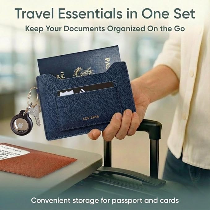 Passport Holder for Travel RFID Blocking Slim Leather Passport Wallet & Passport Book Cover Case with Gold Tone Screw Carabiner and Gift Pouch, Airport Essentials (NAVY)