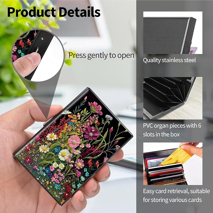 Metal Wallet for Women Men Girls, RFID Blocking Slim Aluminum Credit Card Holder, Mini Travel Wallet with Hard Shell, Lightweight ID & Business Card Case,Wildflowers