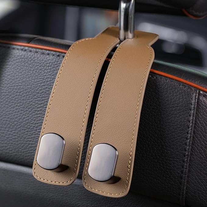 Jayanes Genuine Leather Car Purse Hook - Flexible Car Seat Back Storage Hook for Purses and Bags, Universal Headrest Hooks for Car, Upgraded Car Purse Holder Hanger for Head Rest (Beige-1 Pack)
